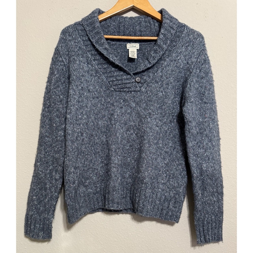 LL Bean Women's M Wool Blend Sweater‎ Blue-Multi Cowl Neck Button Cozy Read